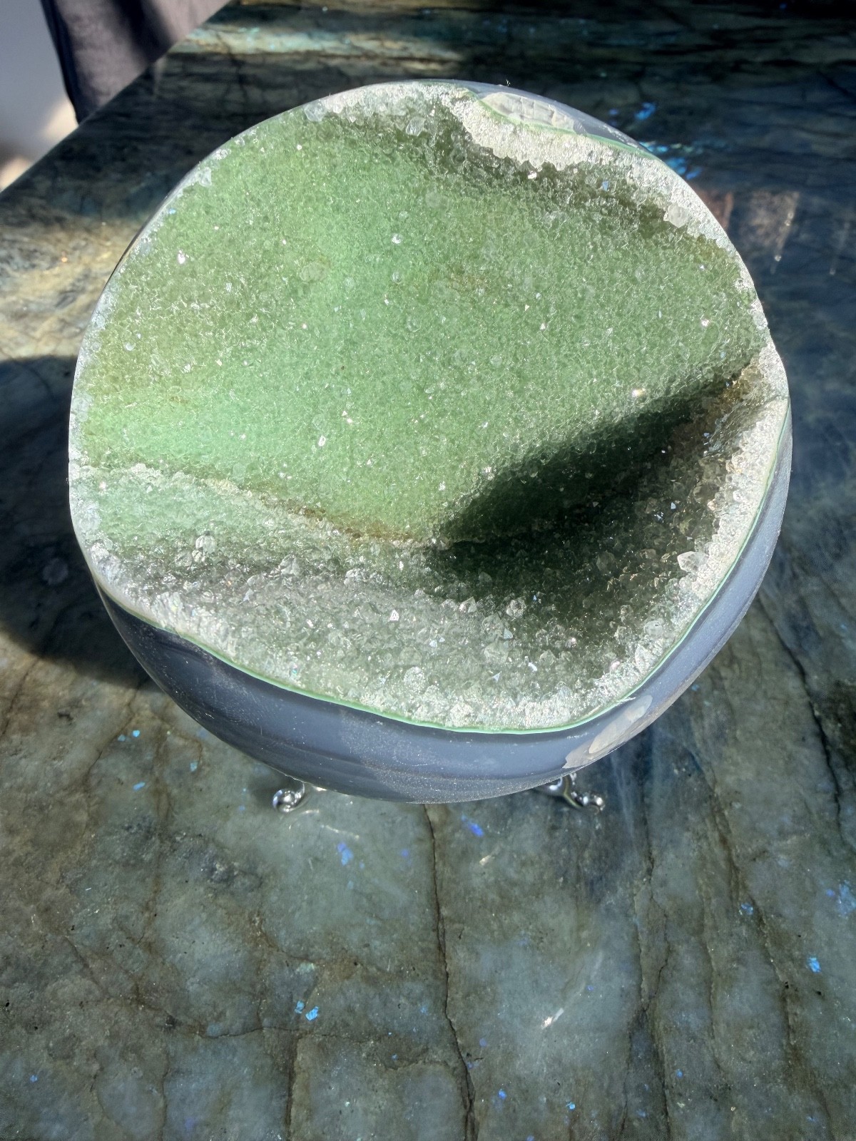 Druzy Green Rainbow Amethyst Sphere with Blue Agate Banding From Uruguay, 4.07″