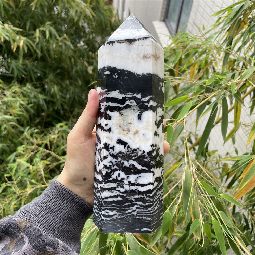 4.7LB 9.2″ Black And White Zebra Jasper Obelisk Quartz Crystal Tower Point Heal