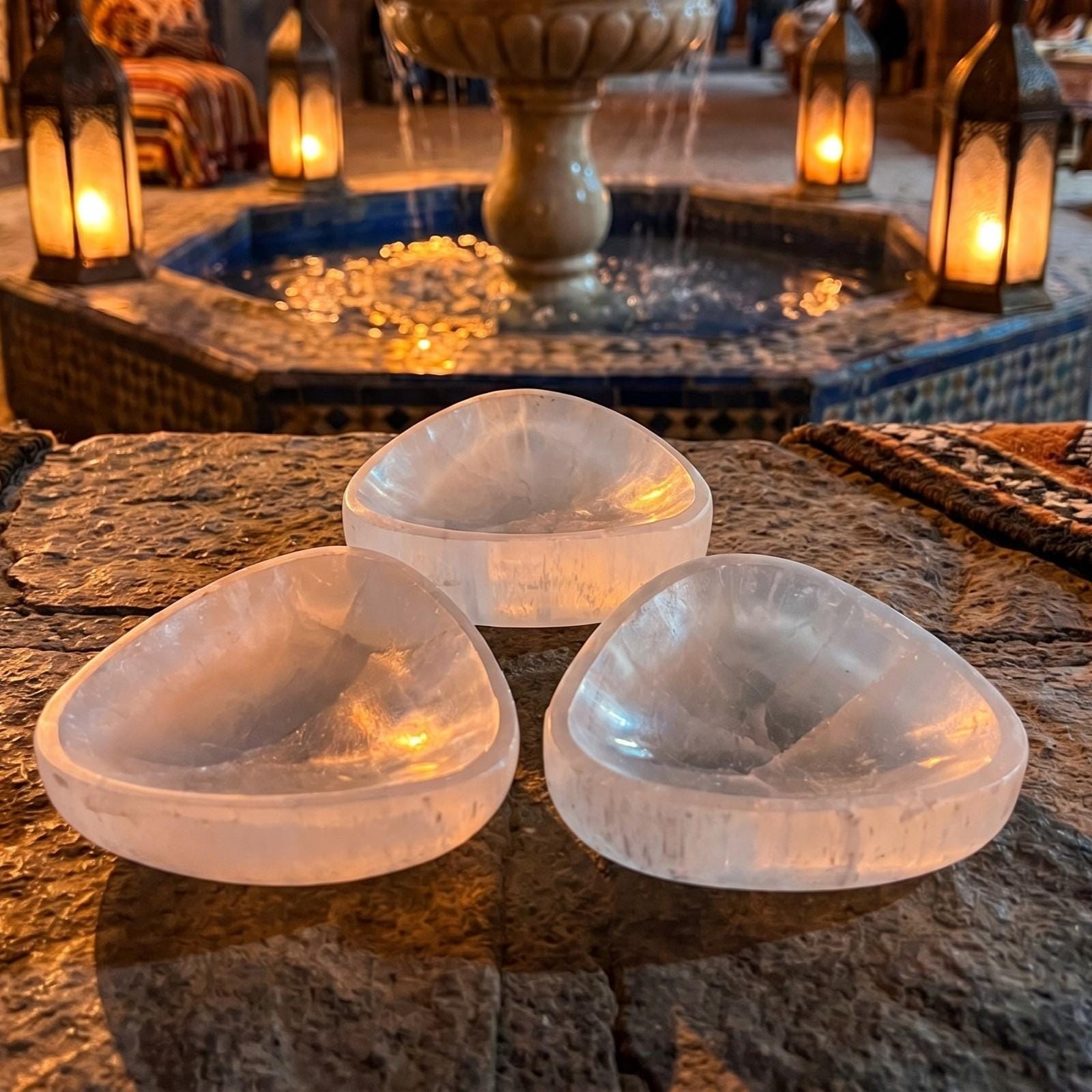 Selenite Satin Spar Crystal Triangle Bowl (3 Inches) Genuine Moroccan Mineral