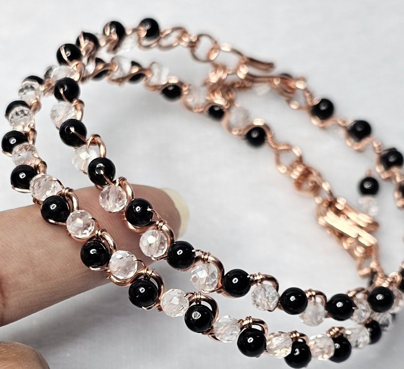 Clear Quartz and Black Tourmaline Bracelet 5mm Beads Wrapped In Copper 8 Inches