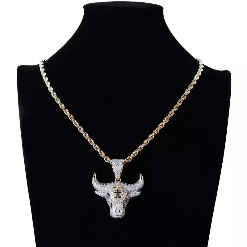 Men’s Fashion Jewelry Gold Rhinestone Bull Head Pendant Necklace