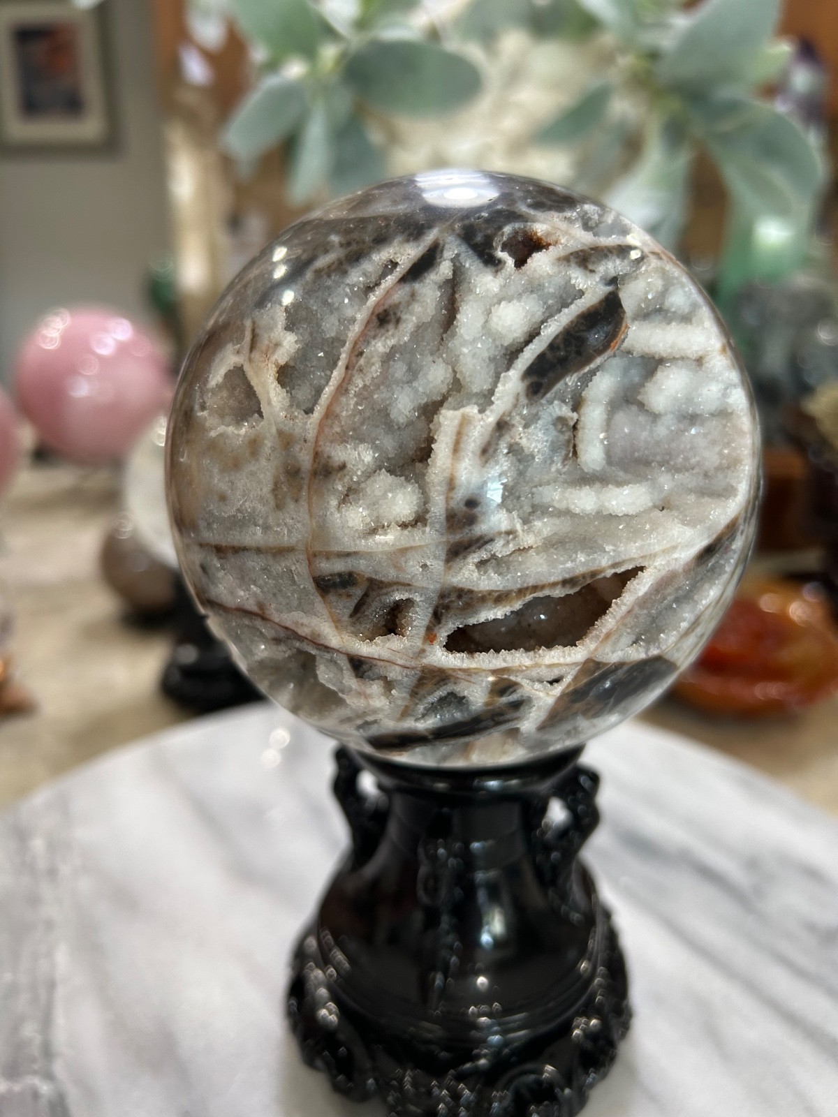 Sphalerite druzy sphere with stand 4” large