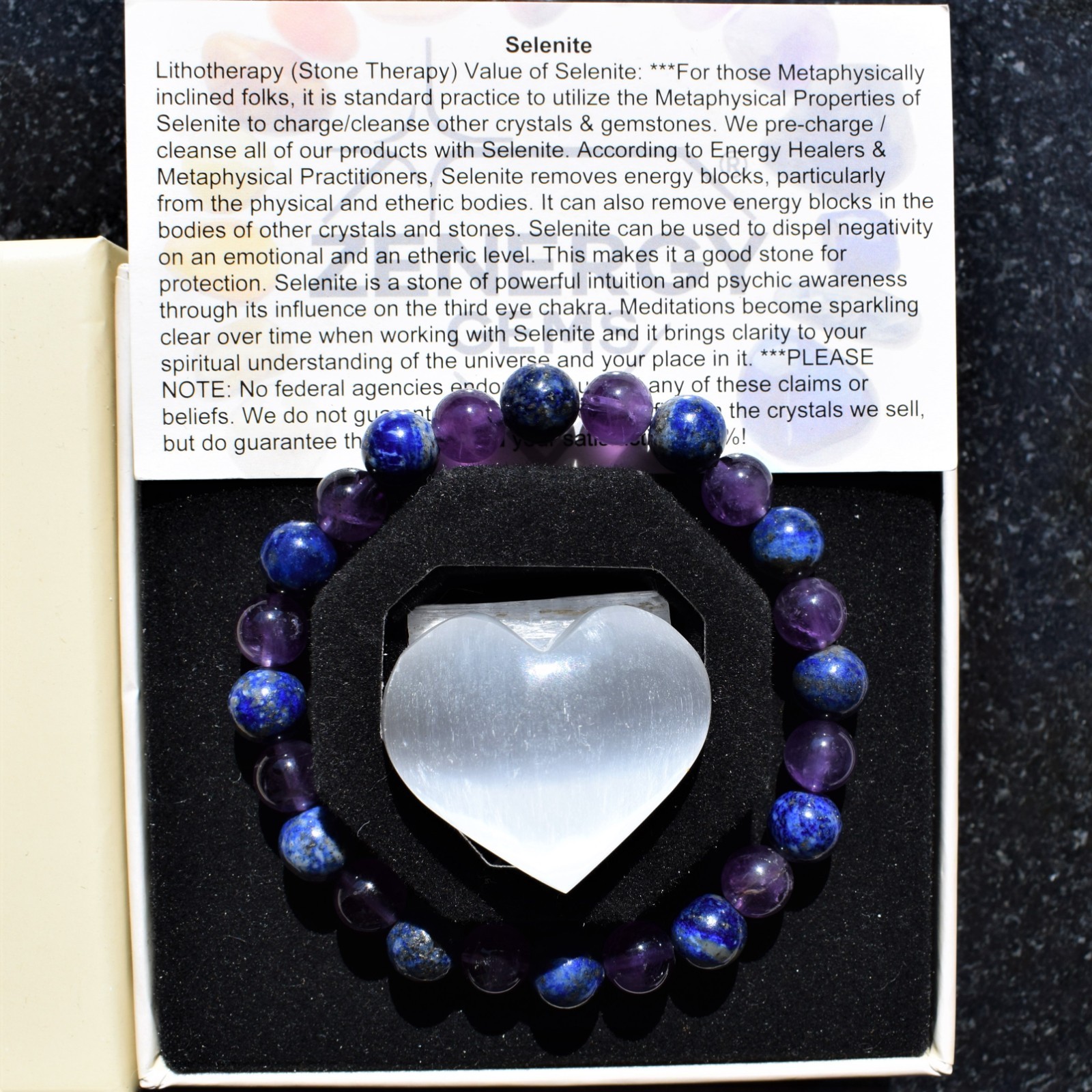 CHARGED Natural Amethyst & Lapis Lazuli 8mm Bracelet 50/50 + Selenite Heart