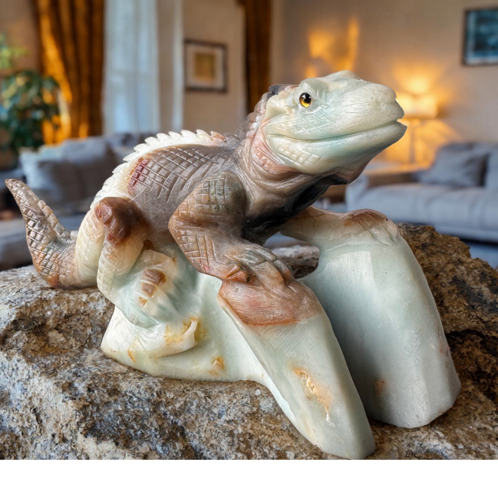 Solid Amazonite Lizard Sculpture, Artisan Carved – Symbol of Regeneration & Pois