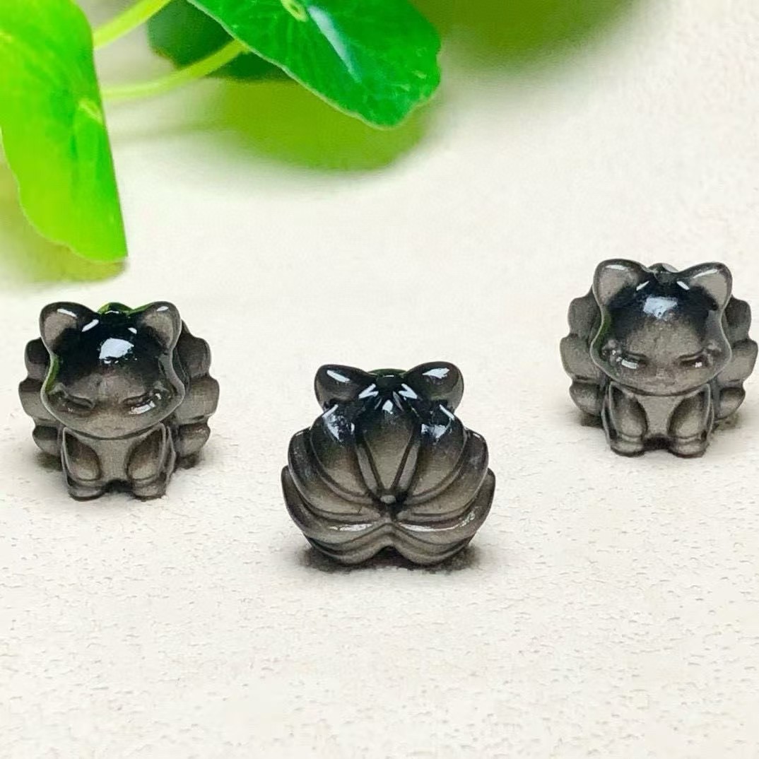 17mm Natural Silver obsidian Nine-tailed fox quartz crystal Reiki healing 5pc