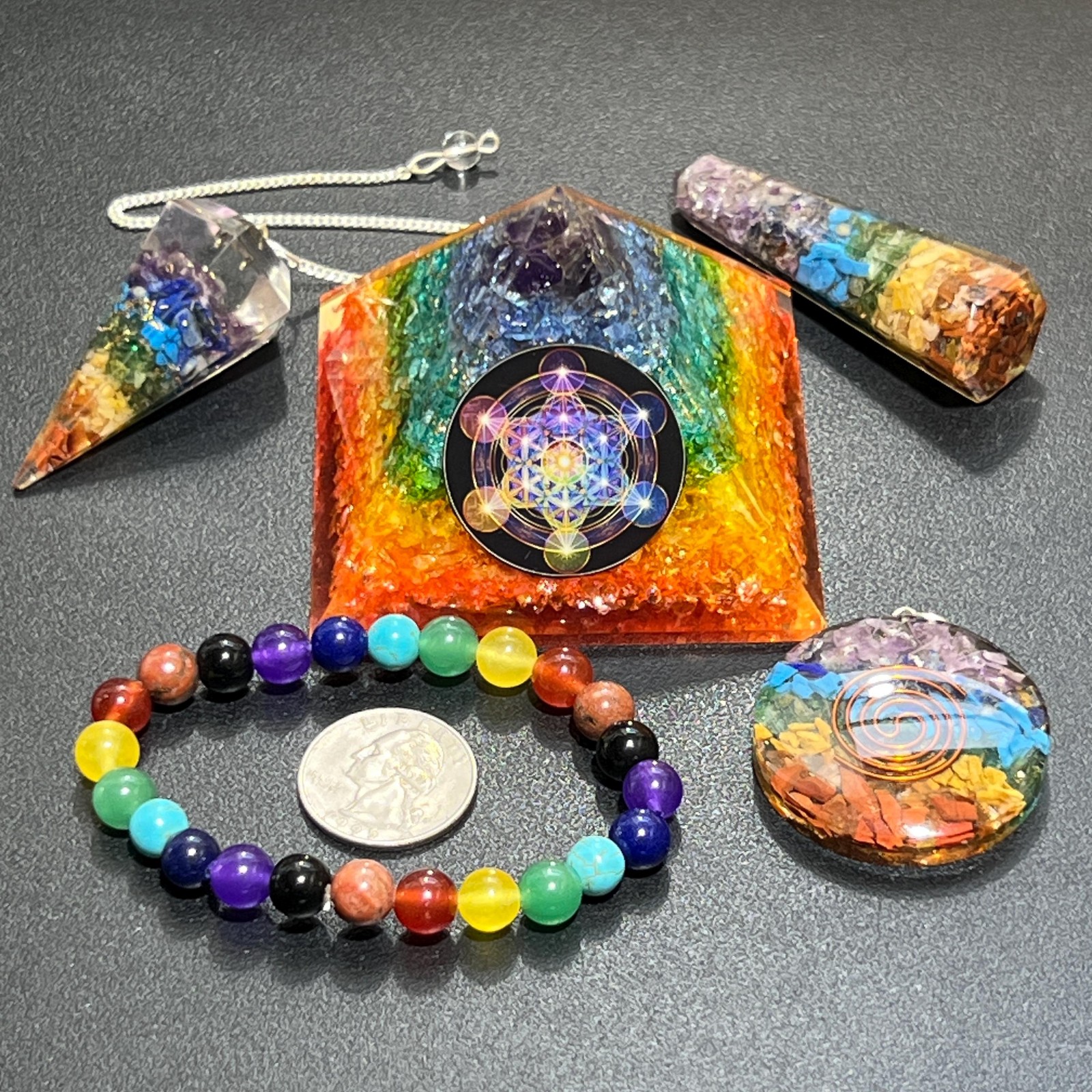 Orgone Pyramid Gift Set (5 Pieces) Rainbow 7 Stone Crystal Resin Reiki Chakra