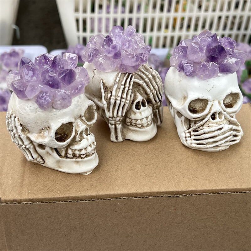 Natural Amethyst teeth See not, hear not, speak not skull Quartz Crystal 3PCS
