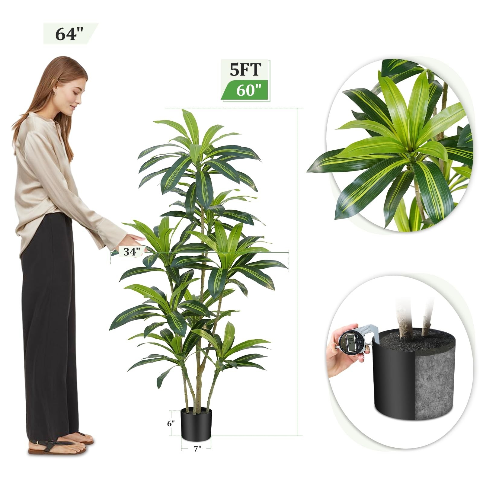 Dracaena Plant Artificial Tree 5Ft Tall Fake Tropical Floor Plants Potted (Re…