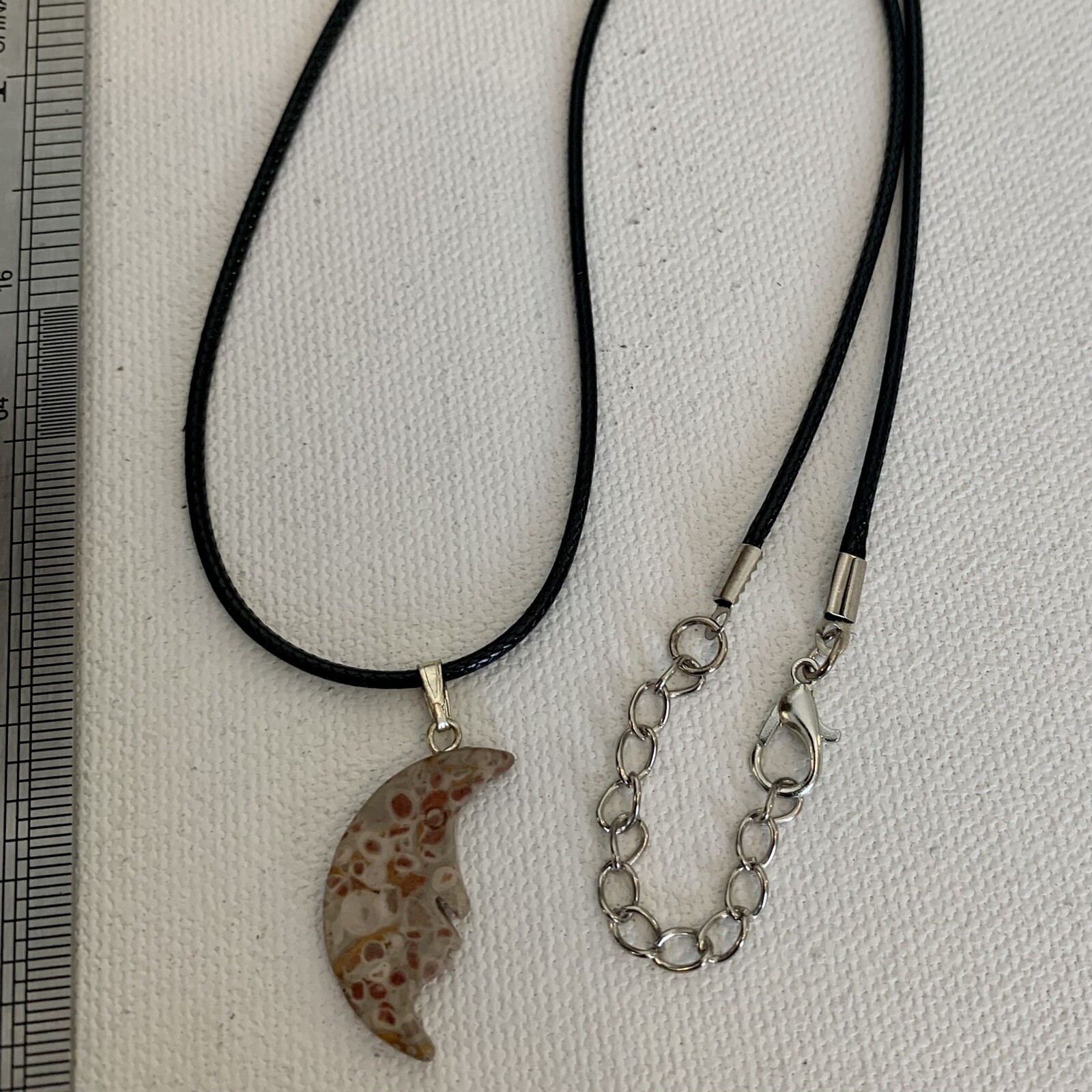 Fossil Stone Crescent Man in Moon Face Pendant Necklace Polished Half Moon 20″