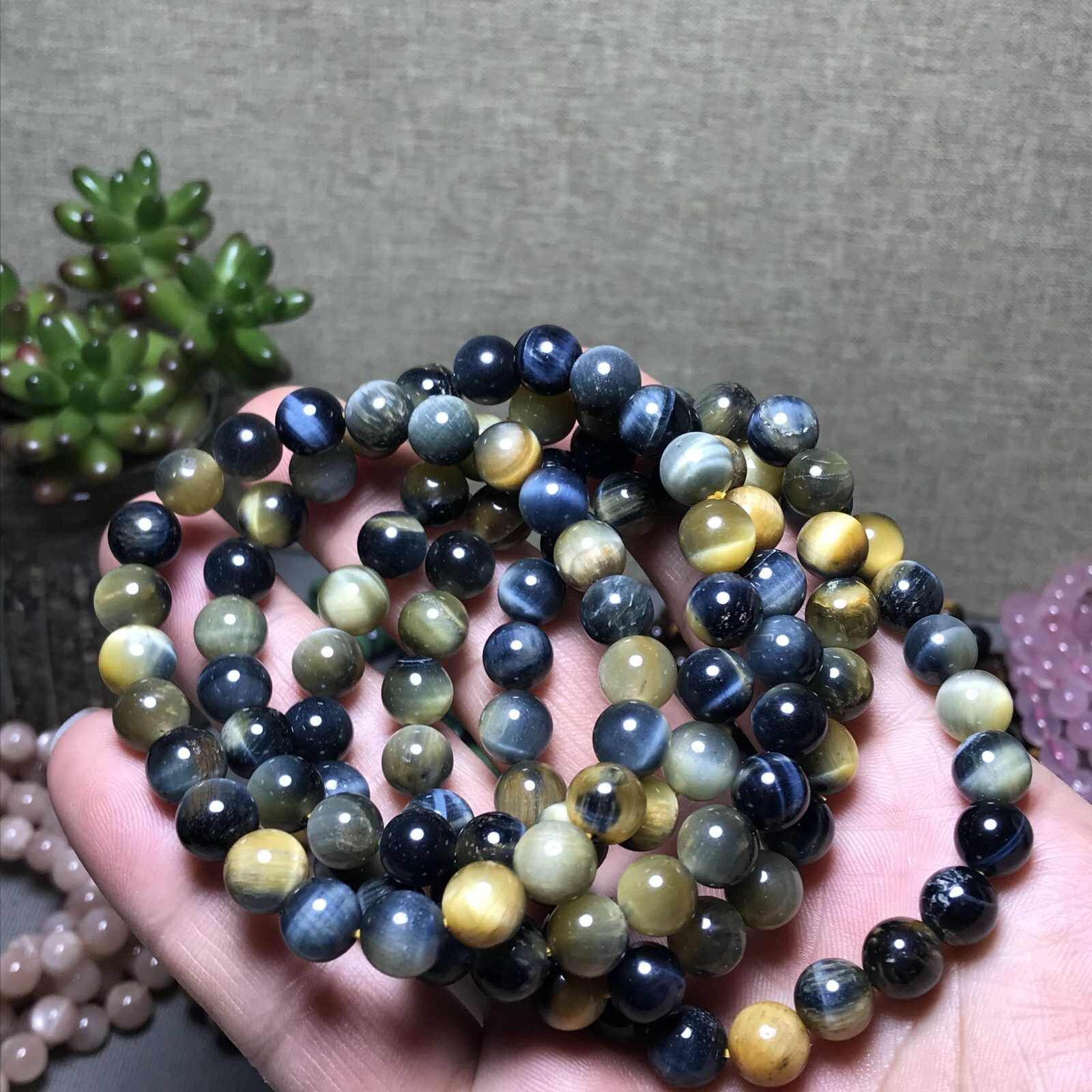 5Pcs Wholesal Natural Polish yellow Blue Tiger eye bracelets Crystal ball 8mm