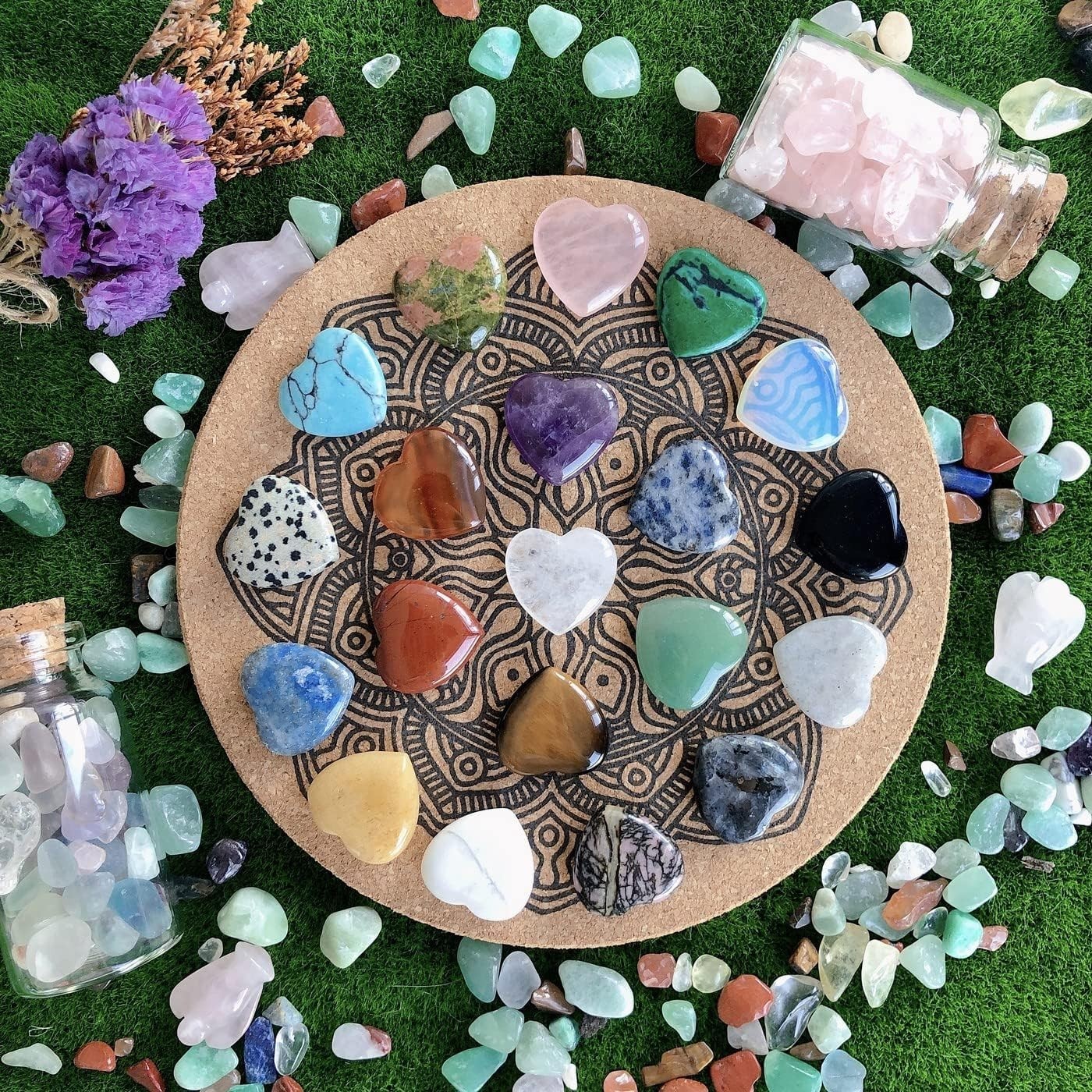 20PCS Natural Crystals and Healing Stones Set – Polished Heart Gemstones 0.8″