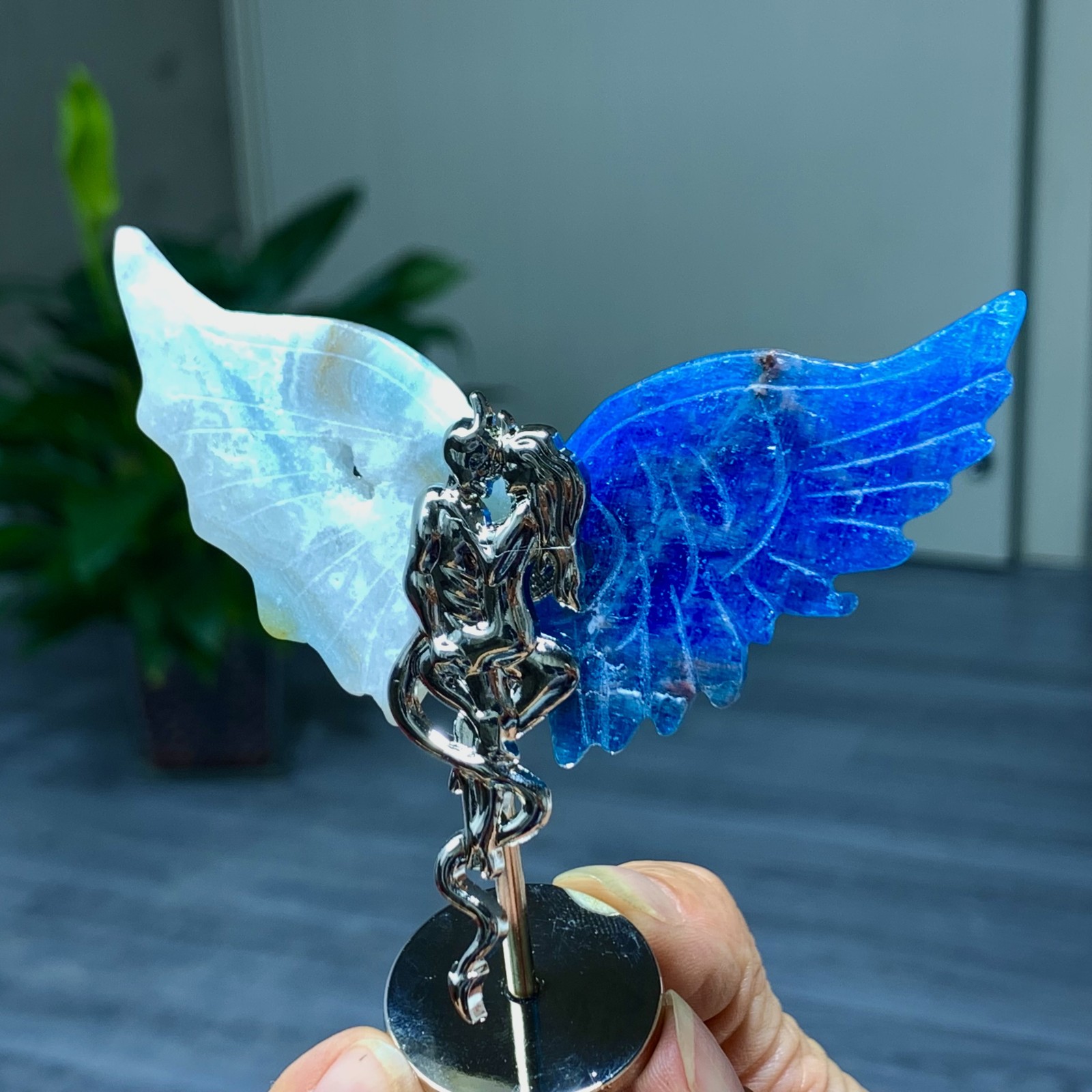 45G Natural hemimorphite and blue apatite hand carved devil angel wing specimen