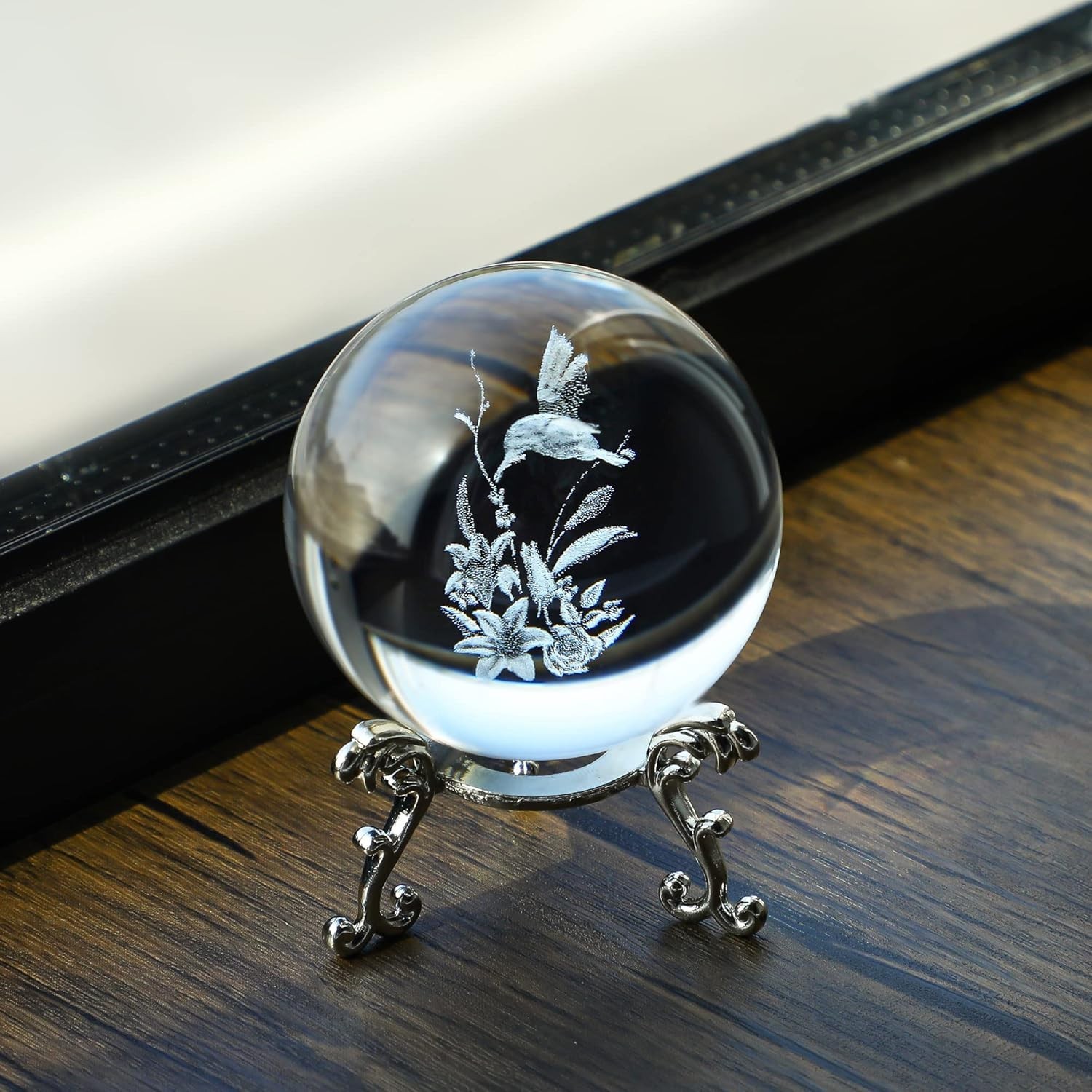 Handmade 60mm Hummingbird Crystal Sphere with Metal Base – Perfect Gift Option