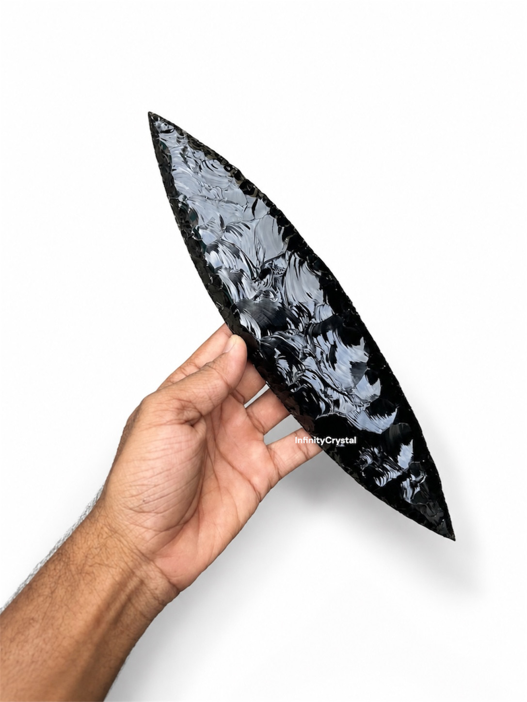 Large Black Obsidian Leaf Point Spearhead Handcrafted Arrowhead Display Piece.