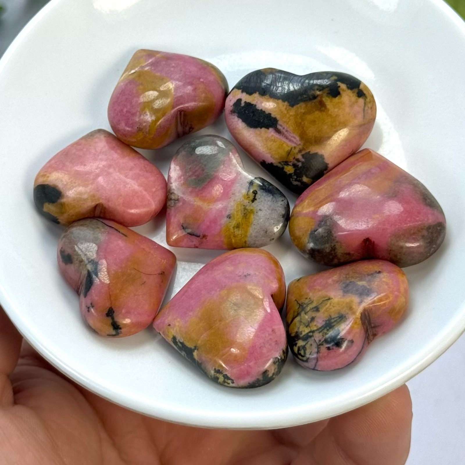 Pink Polished Rhodonite Crystal Heart Stones, Rhodonite Polished Pink Heart Ston