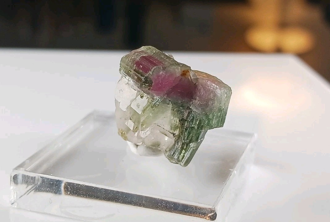 4.25g Watermelon Tourmaline On A Tiny Quartz Crystal Display Specimen