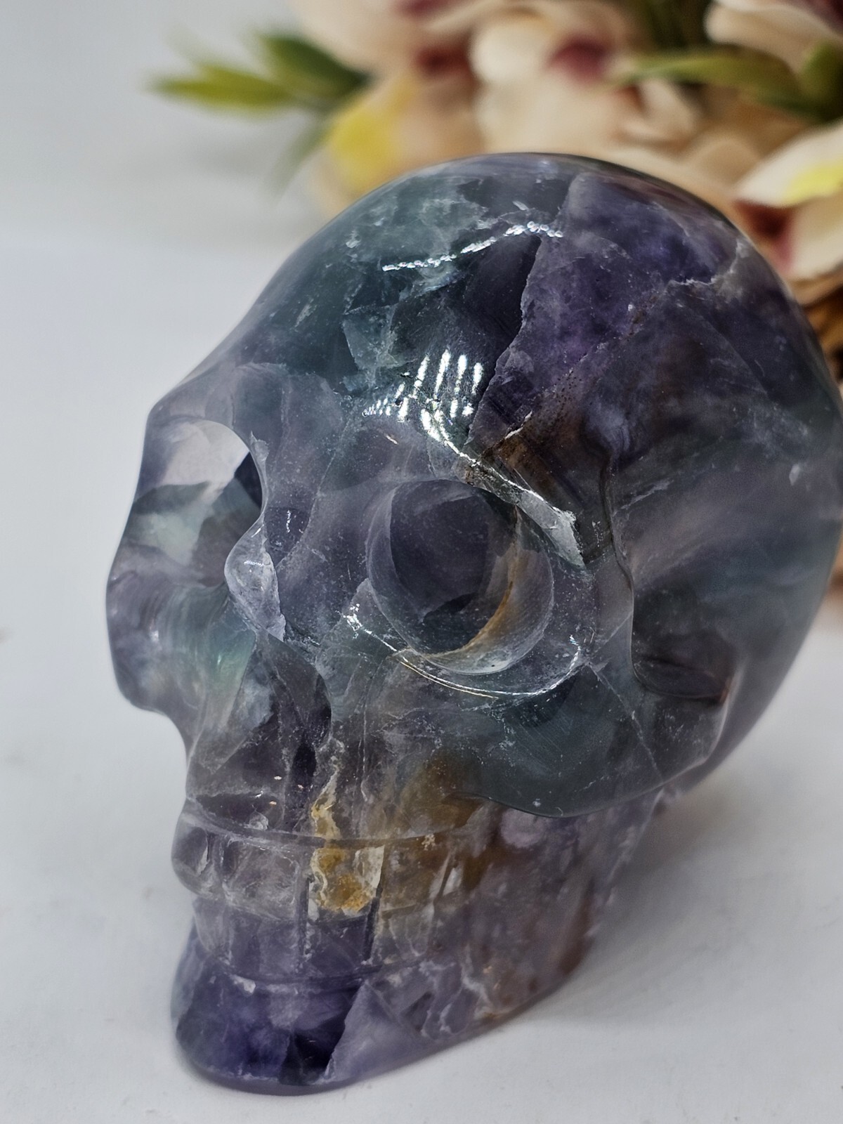 Rainbow Fluorite Skull Crystal Carving 248g Purple Green Blue 5x 6 x 4cm