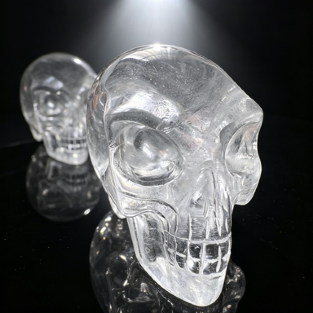Hand Carved Natural Clear Quartz Alien Skull Figurine Polished Crystal Desk Deco