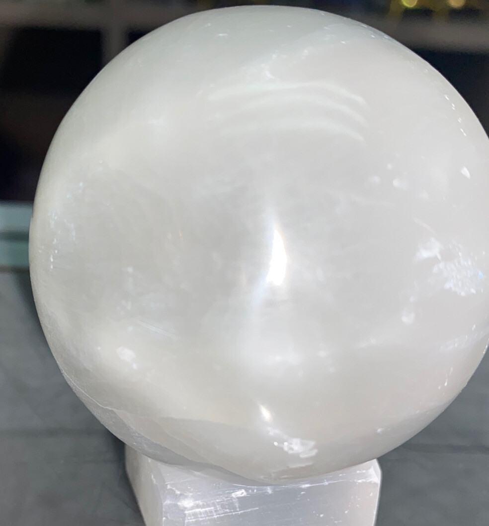 3 inch selenite sphere with selenite stand