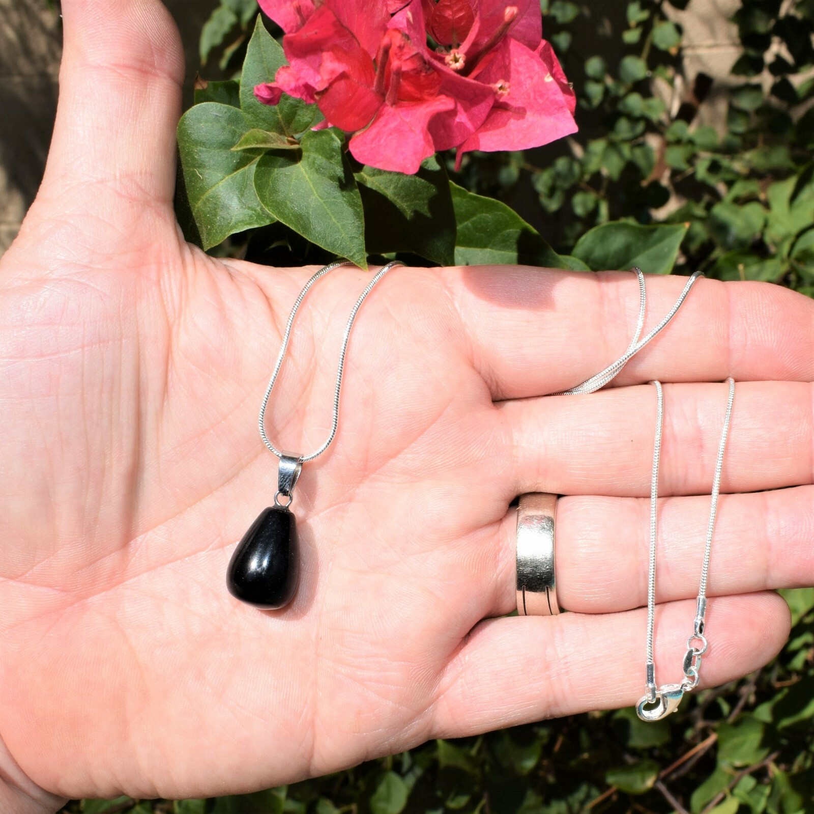 Charged Natural Black Obsidian Teardrop Pendant + 20″ Stainless Steel Chain