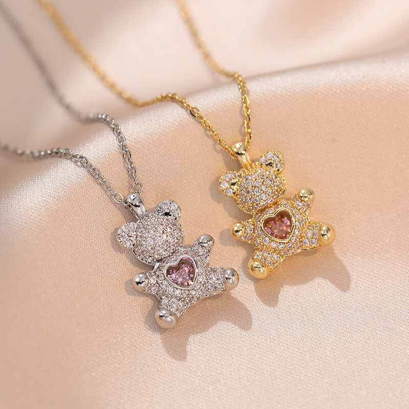 Women’s Fashion Jewelry Cubic Zircon Gold/Silver Bear Pendant Necklace Gift