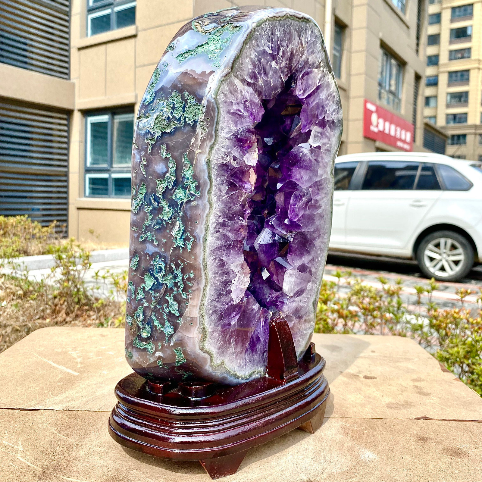 18.44LB Natural Amethyst Cave Crystal Slice Crescent shaped Hand Cut Repai