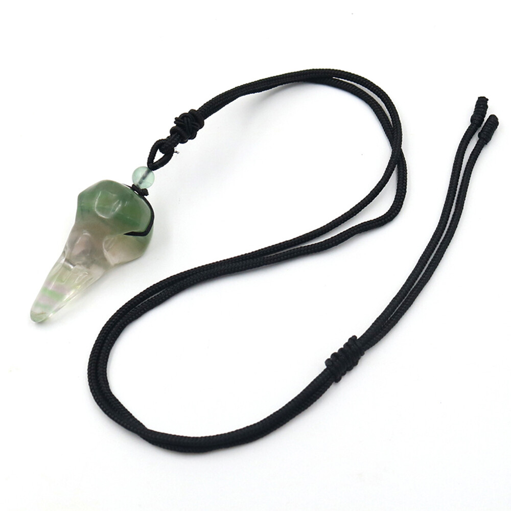 Natural Crystal Crow Head Bird Skull Hand Necklace Carving Quartz Stone Pendant