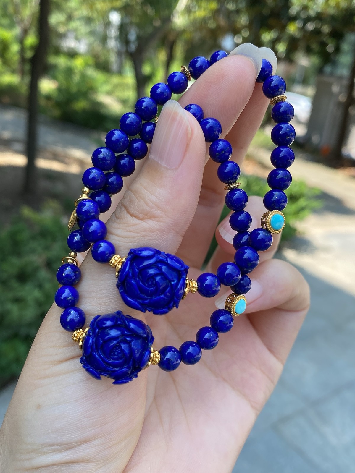 Natural Lapis Single Bracelet Hand Carved Peony Gem Ethnic Layering Wrist Decor
