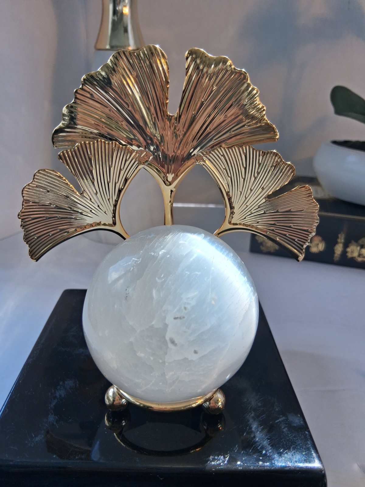 Butterfly Ginko Leaf Gold Tone Sphere Holder; w/ Solid White Quartz Sphere; New!
