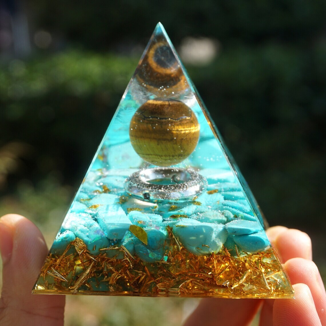Fantasy magic Tiger’s Eye Sphere Turquoise Orgone Crystal Pyramid Orgonite