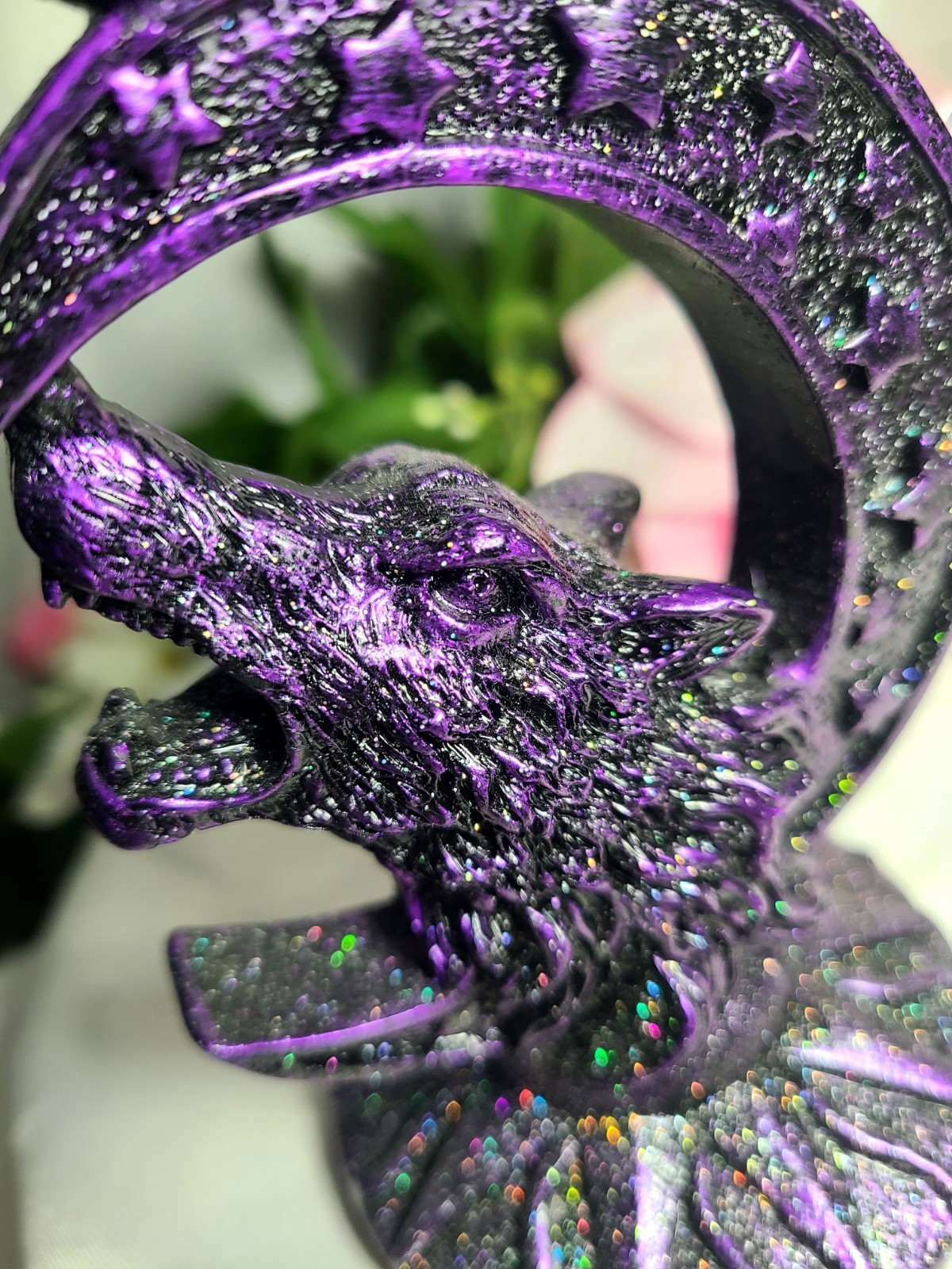 Sparkling Purple Wolf Crescent Moon Stars Resin Sphere Stand Crystal Ball Holder