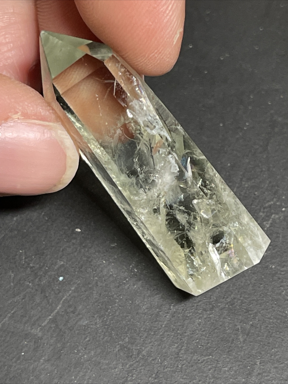 Prasiolite Green Amethyst Tower Point with Rainbows 1.58in Tall 9g