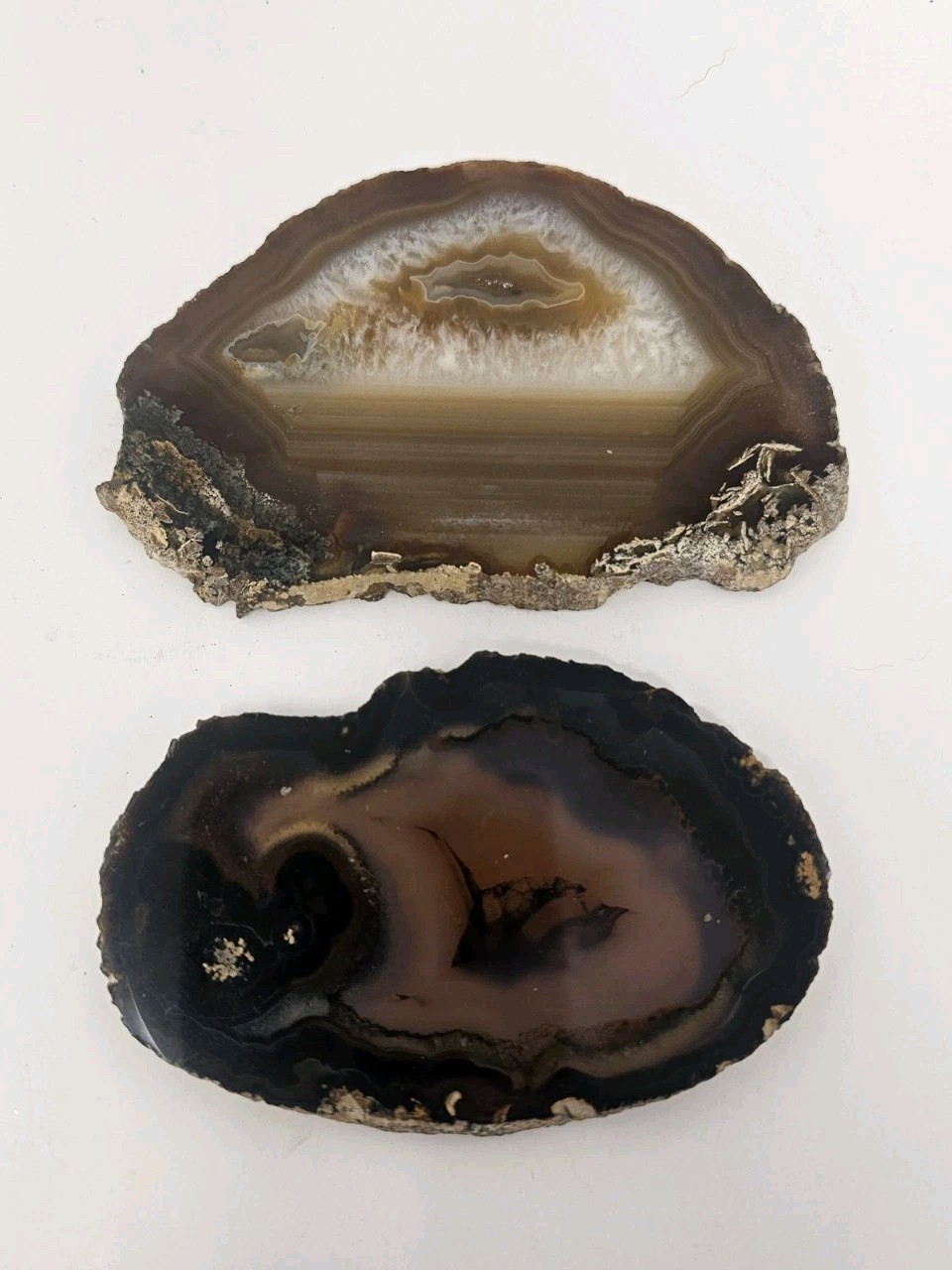 2 Natural Agate Geode Slices Approx. 5″ Long Browns Grays Dark Blue Colors