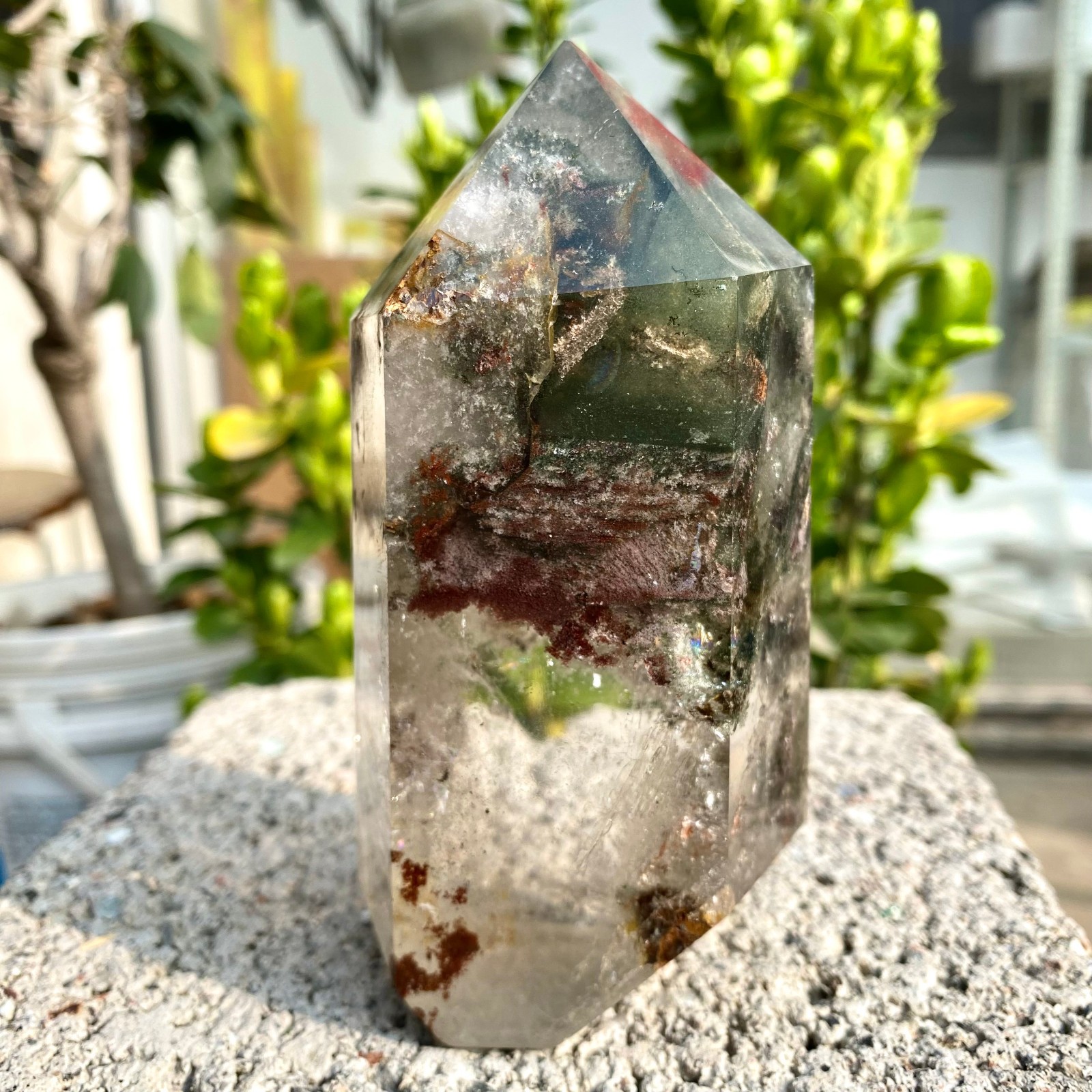 1.33LB Natural Green Ghost Phantom Quartz Crystal Obelisk Tower Rod restoration