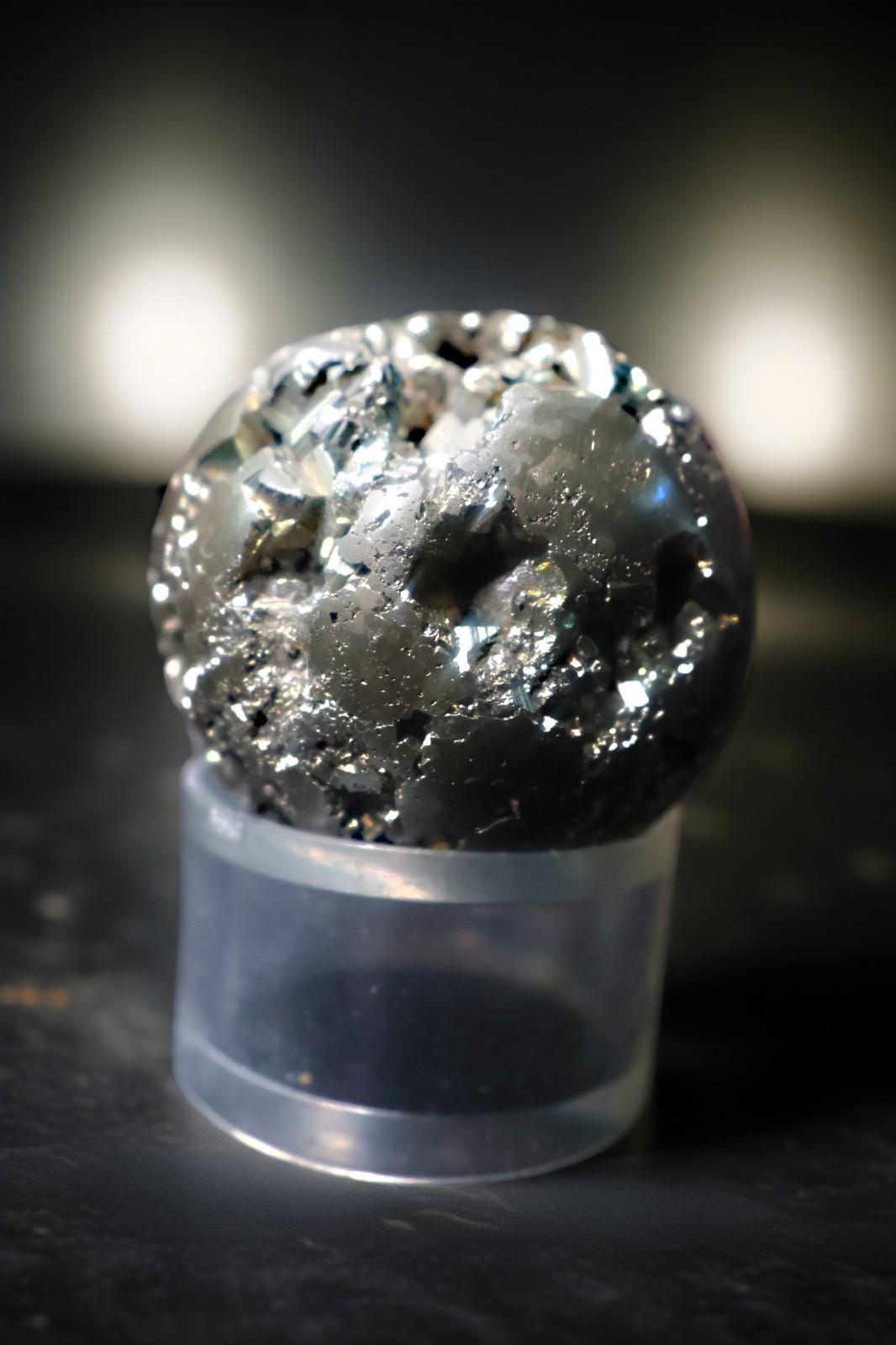 Pyrite Crystal Sphere with Plastic Display Base – Metallic Textured Mineral Ball
