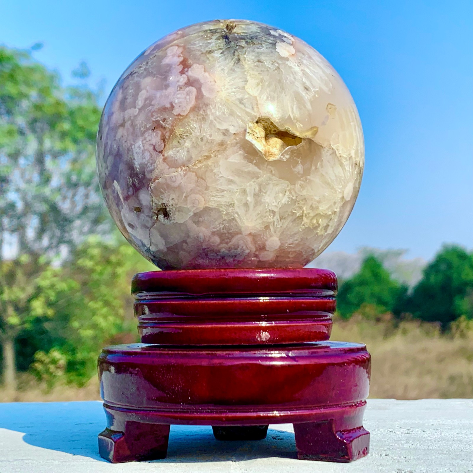 1.92LB Natural Pink Cherry Blossom Agate Geode Quartz Sphere Crystal Energy Ball
