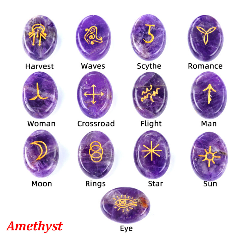 13PCS Crystal Witches Runes Stone Set Engraved Rune Symbol Meditation Divination