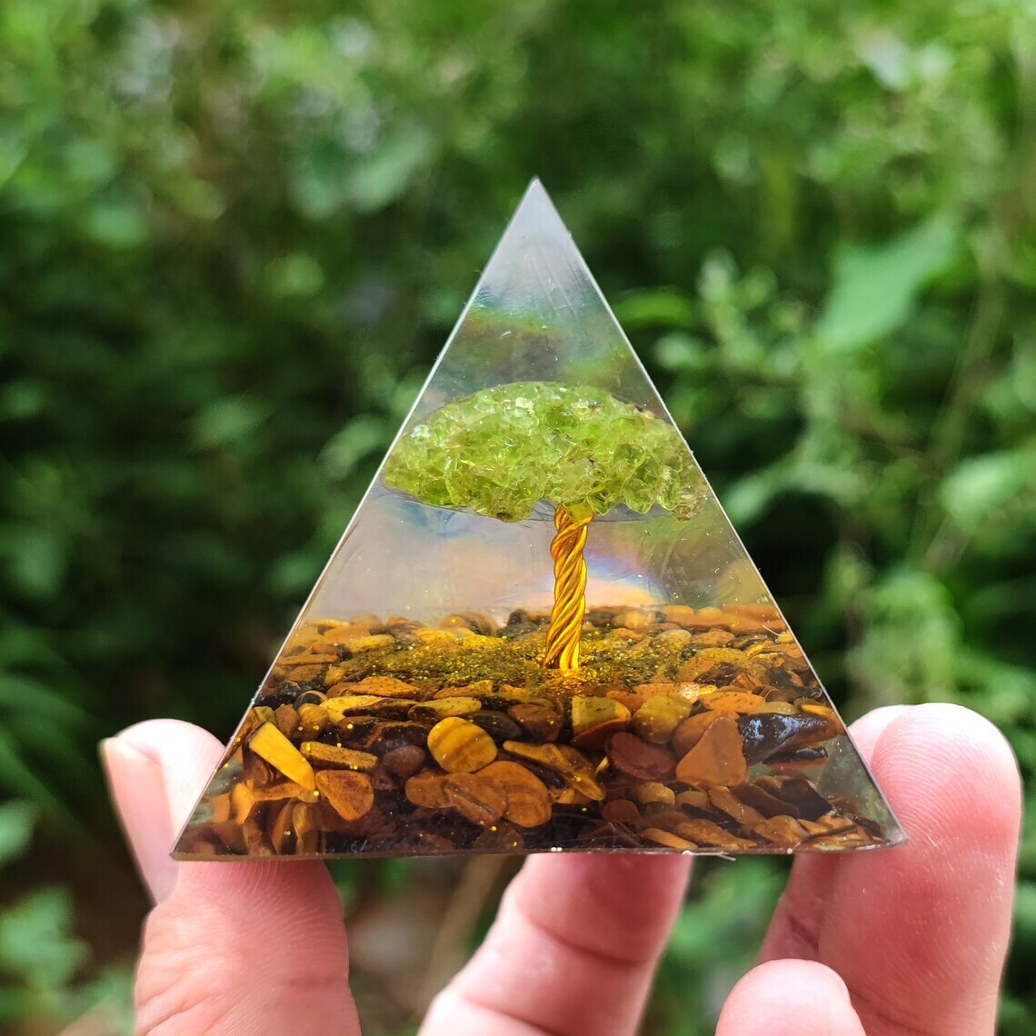 Tree of Life Meditation Orgone Pyramid Tiger’s Eye Peridot Orgonite Pyramid