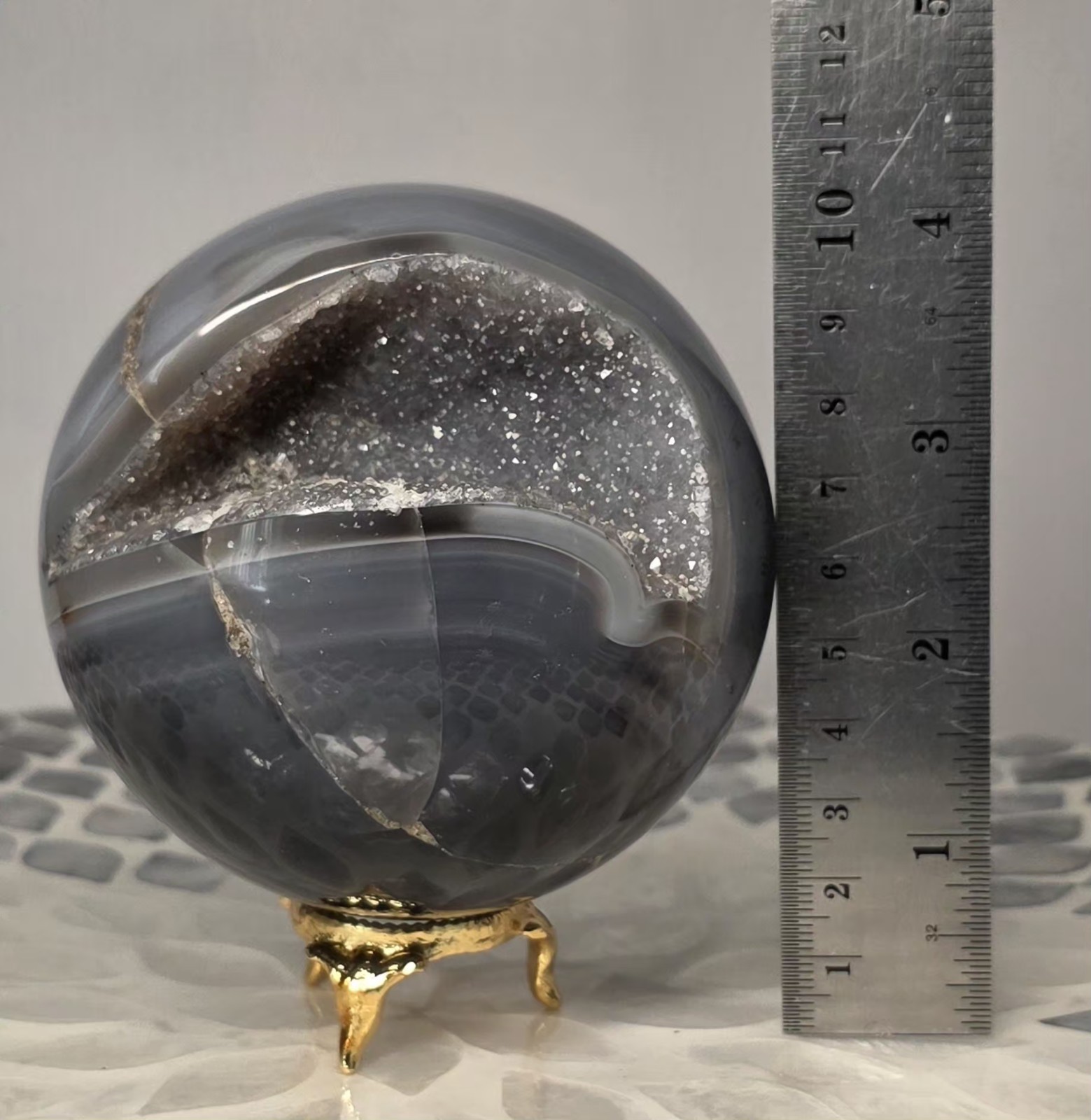 1.98LB 3.5″Natural Druzy Agate Sphere Healing Crystal Ball Home Decor Quartz Vug