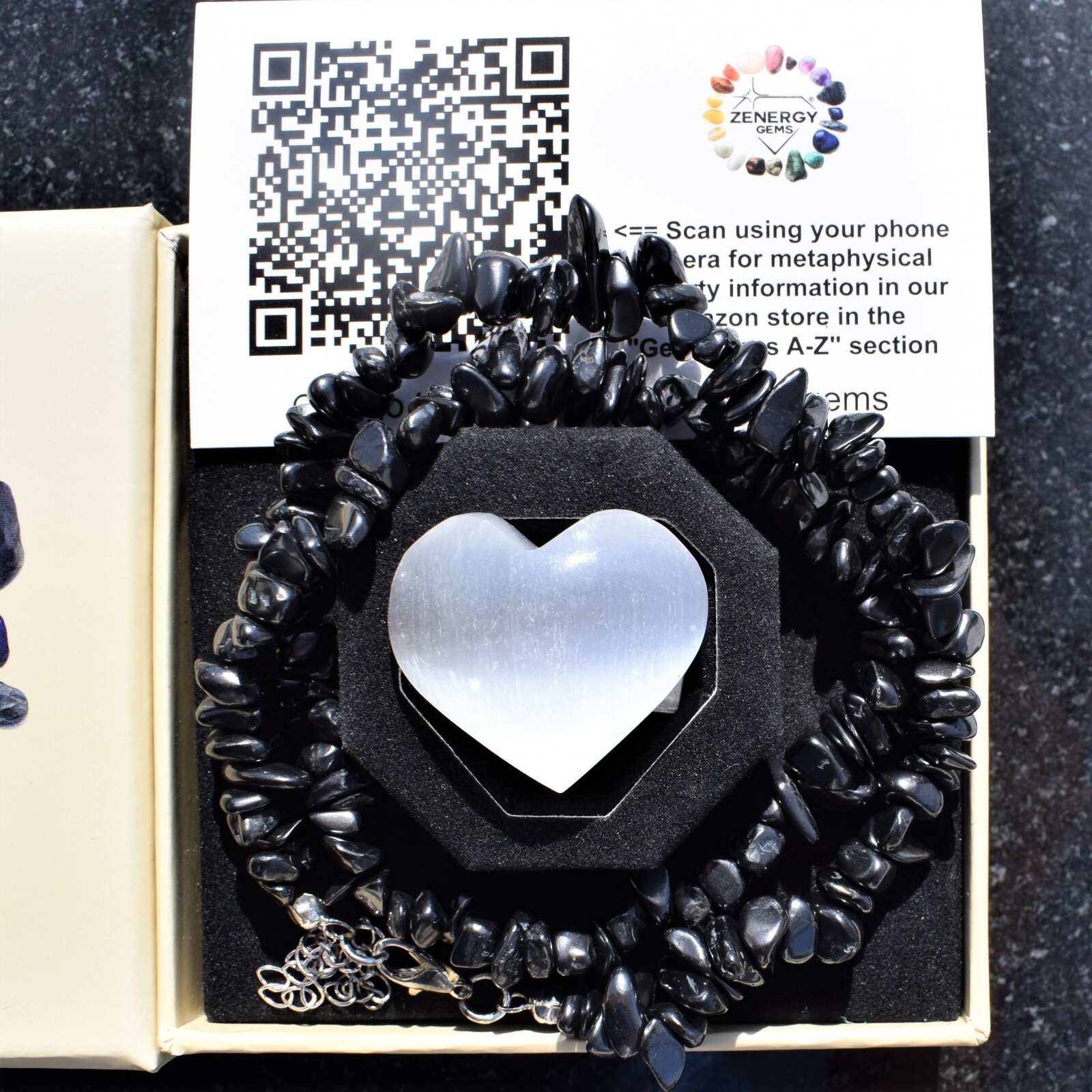 CHARGED Adjustable 17″ – 20″ Natural Shungite Crystal Necklace + Selenite Heart