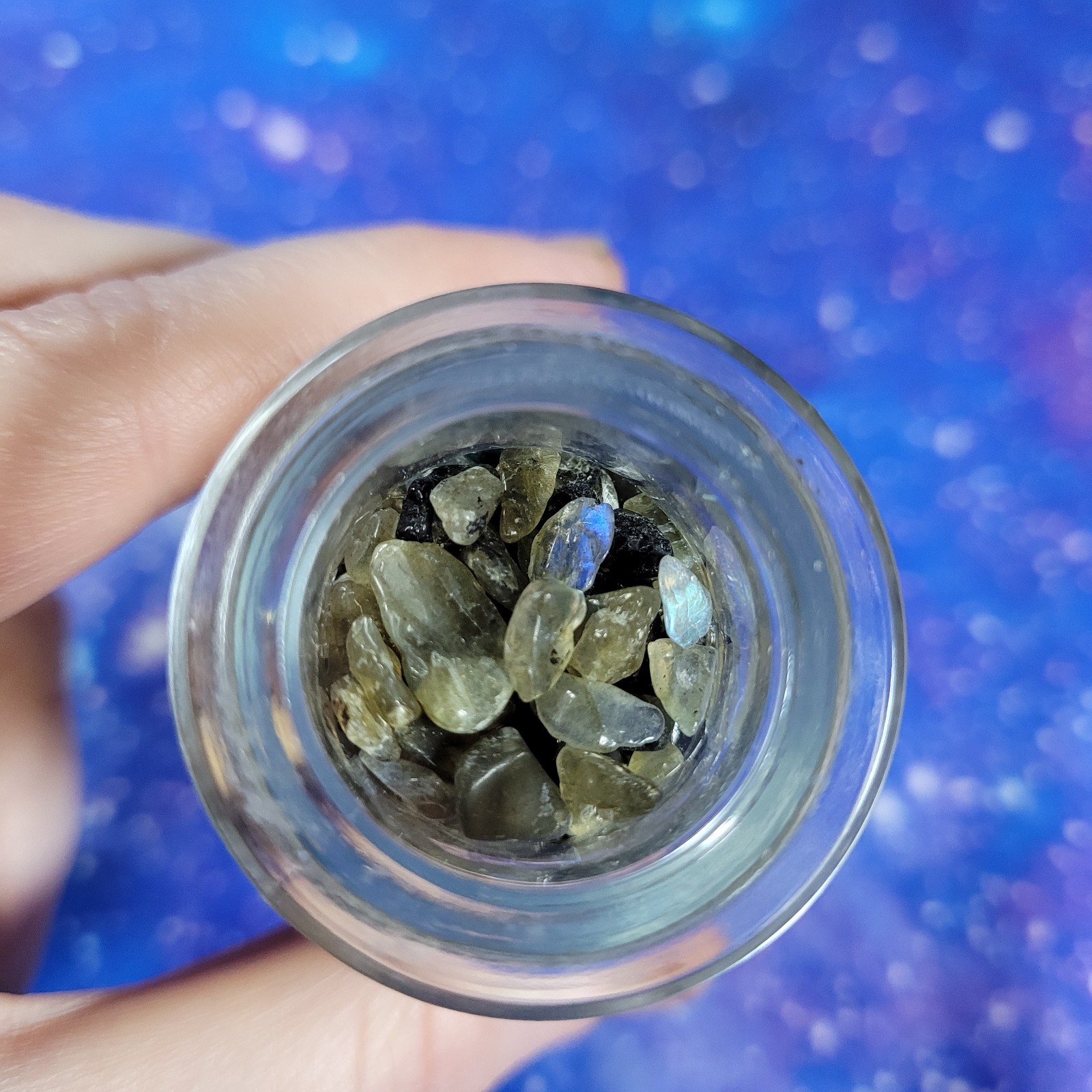 4 oz Labradorite Crystal Tumbled Chips in Vintage Glass Apothecary Jar Witchy