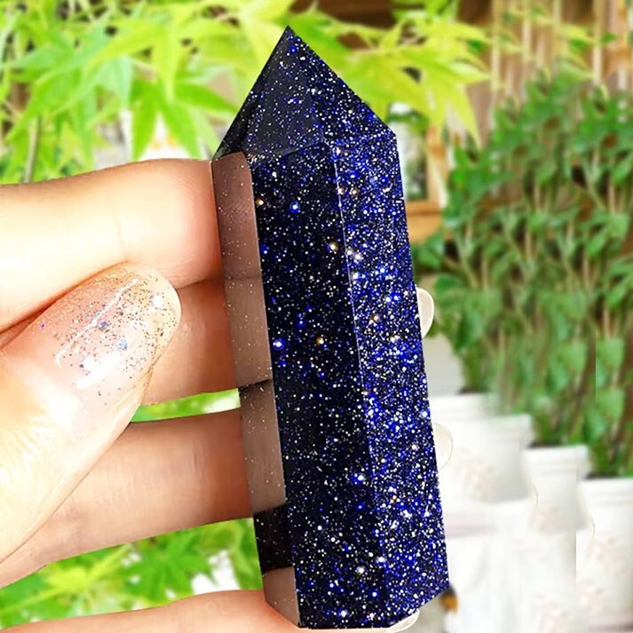 Blue Goldstone Natural Crystal Wand Obelisk Reiki Tower Point Home Car Ornament