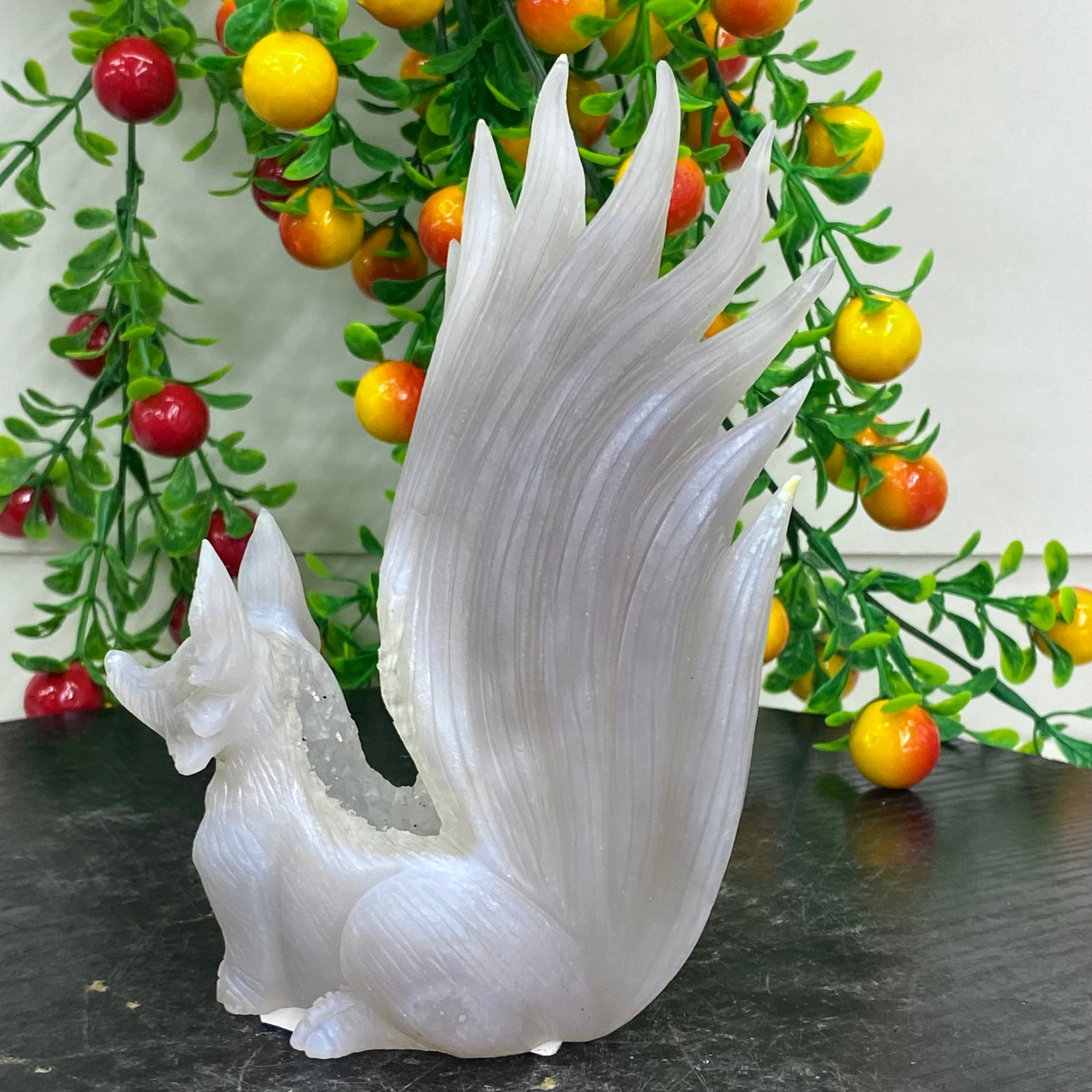 449G Natural Agate Geode Hand Carved Nine-tailed Fox Quartz Crystal Decor
