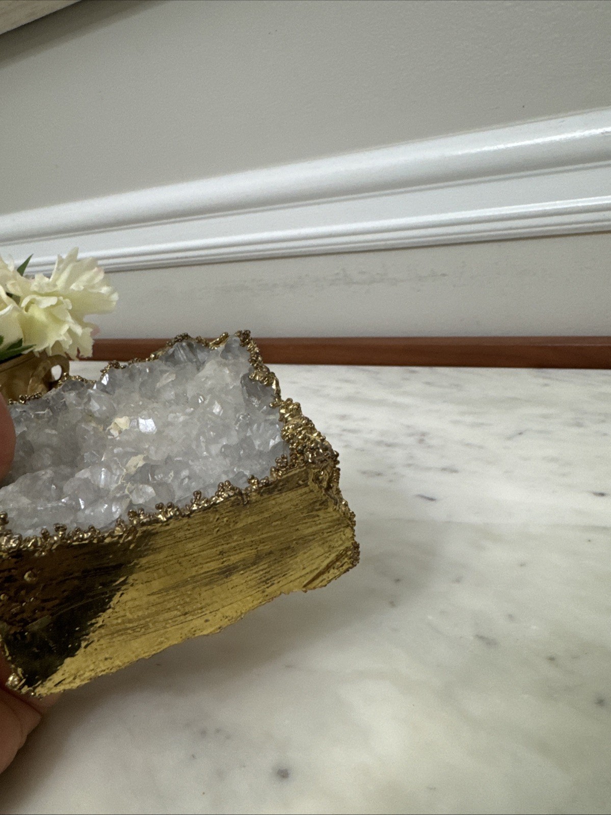Natural Clear Quartz Druzy Geode Gold-Tone Electroplated Decor