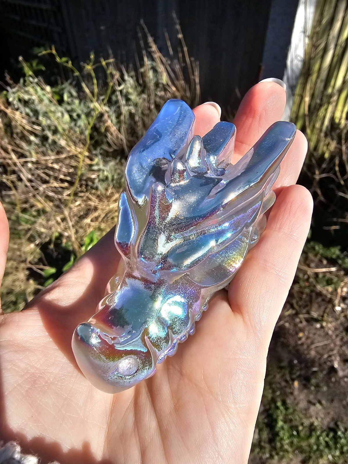 Angel Aura Clear Quartz Rainbow crystal Dragon Head Skull 160g 7.5x4x3.6cm