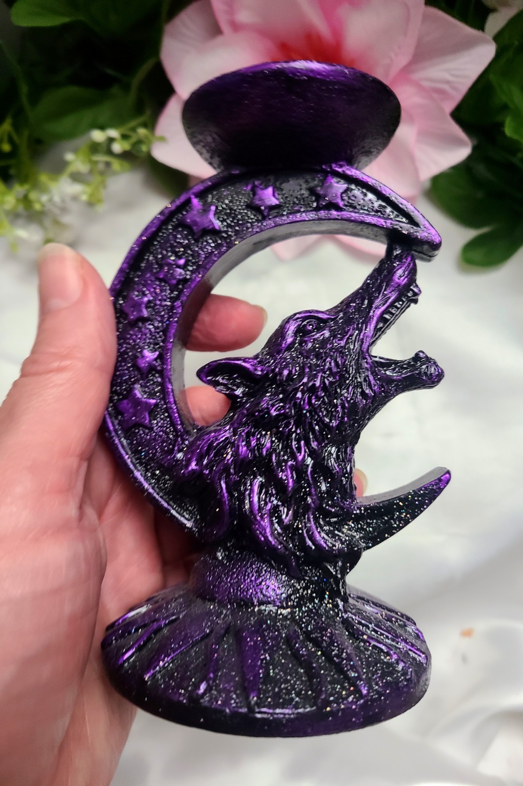 Sparkling Purple Wolf Crescent Moon Stars Resin Sphere Stand Crystal Ball Holder
