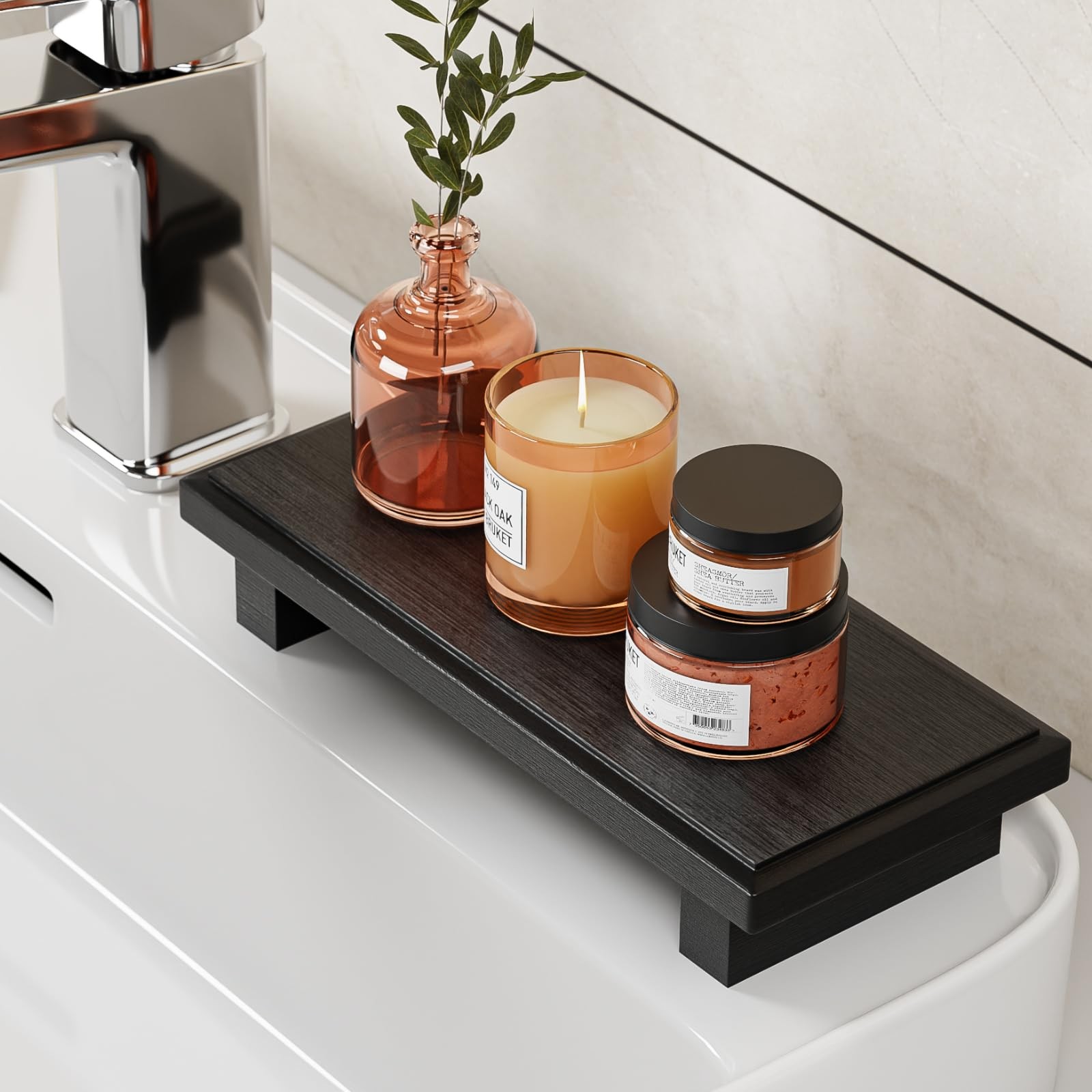 Bathroom Counter Organizer Wood Pedestal Stand Farmhouse Decorative Tray Soap…