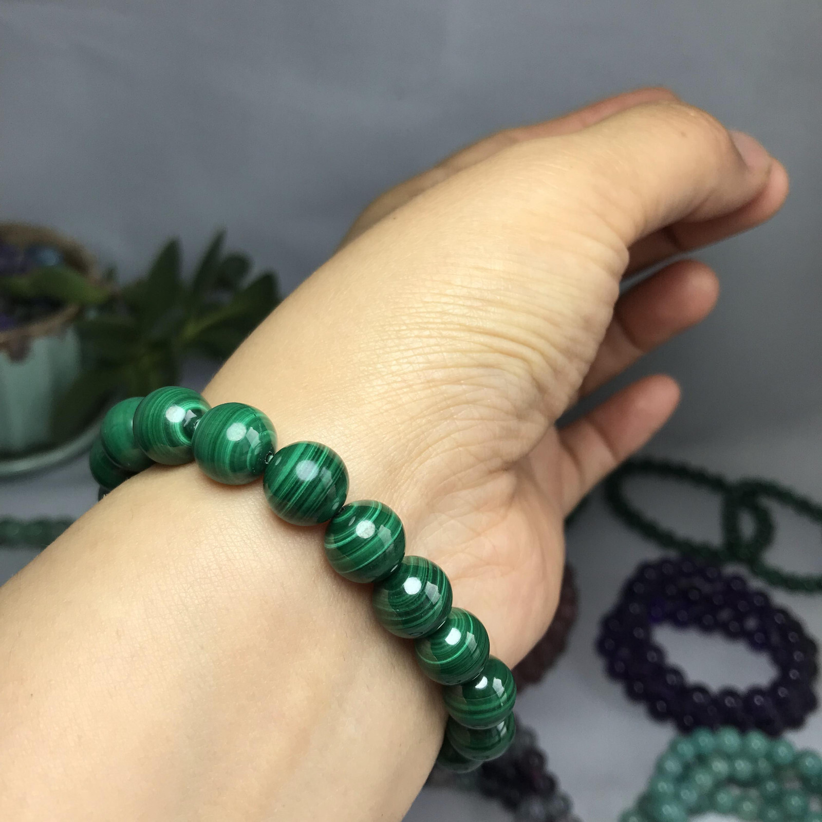 10mm Natural malachite gemstone Crystal chain beads bracelet 39-40g A5262