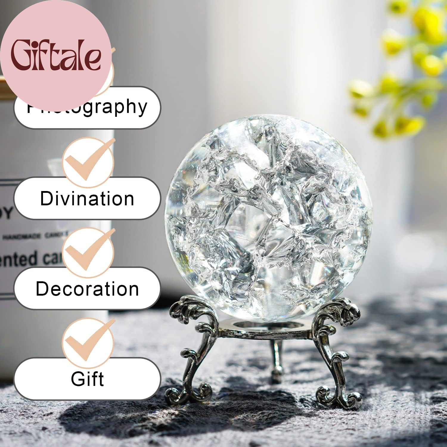60Mm Ice Cracked Crystal Ball Paperweight Crystal Glass Sphere with Stand for Ch