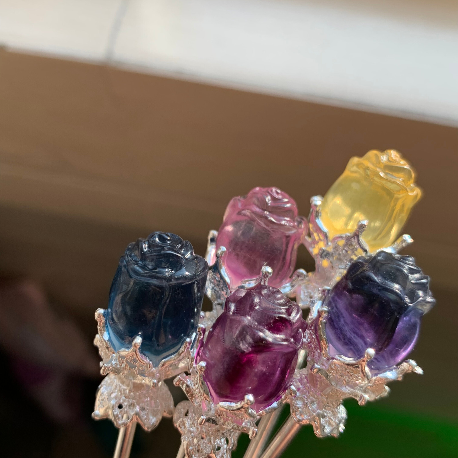 5pc Natural fluorite carved rose hairpin quartz crystal reiki healing random
